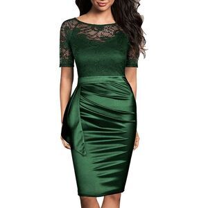 💚 Elegant Romantic Lace Satin Fitted Ruched Ruffles Retro Pencil Dress XXL NWT